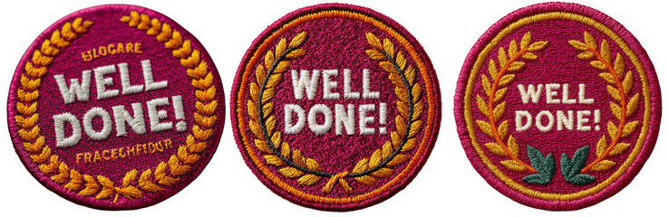 A set of well done badges with laurel wreath, a symbol of achievement and recognition for success isolated on transparent background