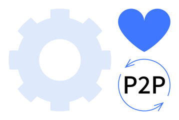 Gear, blue heart, P2P arrows indicating sharing, collaboration, and connectivity. Ideal for teamwork, innovation, networking, peer-to-peer exchange collaboration efficiency simple landing page