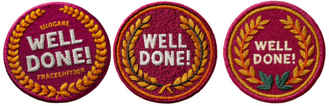 A set of well done badges with laurel wreath, a symbol of achievement and recognition for success isolated on transparent background
