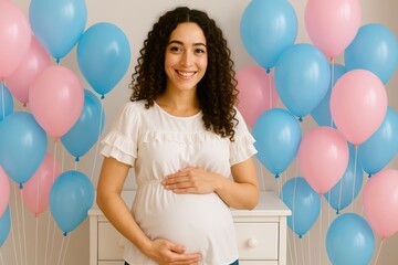 Smiling happy pregnant woman posing at gender reveal party with pink and blue balloons – perfect for baby shower and maternity promotions, prenatal health and care