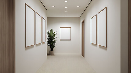 Fototapeta premium Hallway with picture frames. Neutral color palette, natural light, and plant create a calm and inviting space.