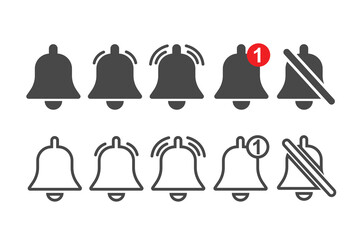 Notification and Alert Bell Icons in Silhouette and Line Styles
