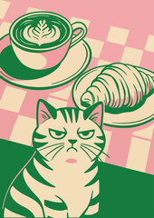 Cat looking grumpy, coffee and croissant. Print A4. Pink and green colors.