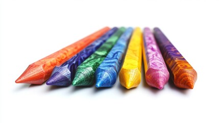 A row of colorful pencils with a rainbow of colors. The pencils are all different colors and are lined up next to each other