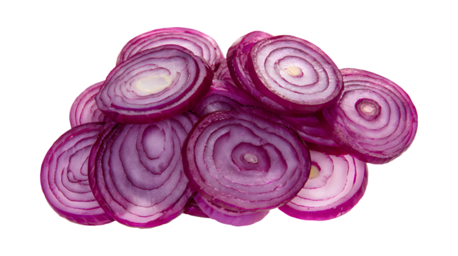 Fresh sliced red onion isolated. Raw purple onion rings set or shallot slices collection top view isolated on a white bckground