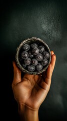 A hand holding a bowl of black grapes. The grapes are small and shiny. The bowl is made of ceramic and has a rustic look. Concept of abundance and indulgence, as the grapes are a healthy