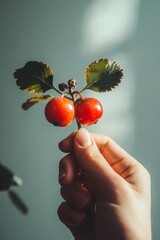 A hand holding a leafy branch with two red berries. Concept of freshness and natural beauty