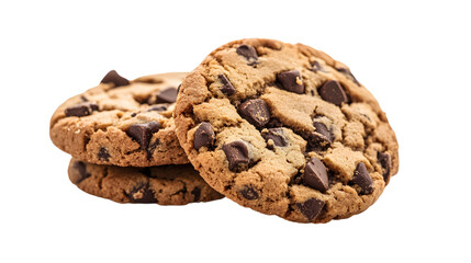 Three chocolate chip cookies stacked on top of each other
