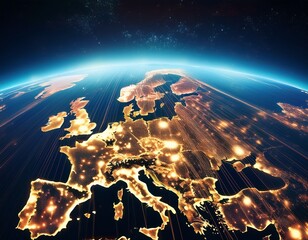 europe at night from space view showing city lights glowing orbital perspective