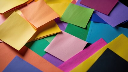 Colorful sticky notes scattered on a surface with various shades including peach, yellow, green, purple, pink, and blue.