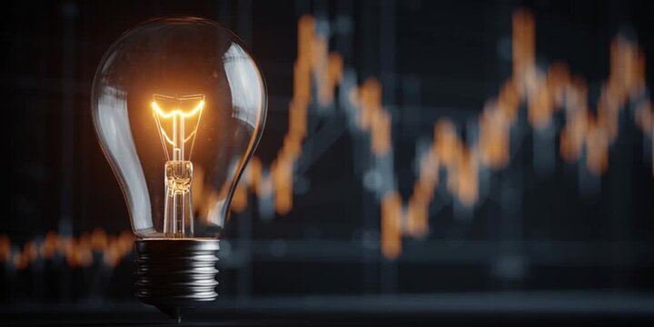 Glowing light bulb with a financial chart in the background, symbolizing rising electricity prices. Dark background, focus on energy consumption and tariff increase