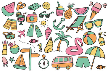 seamless color doodles outlines summer and vacation vector illustrations  transparent background