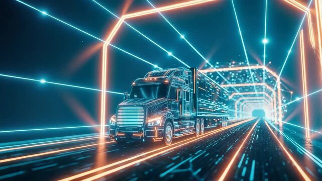 A futuristic truck navigating through a vibrant glowing tunnel filled with neon lights and digital elements symbolizing advanced technology and transportation innovation