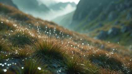 A close-up of grassy plants on a mountainside with sparkling dew drops and mist in the background.