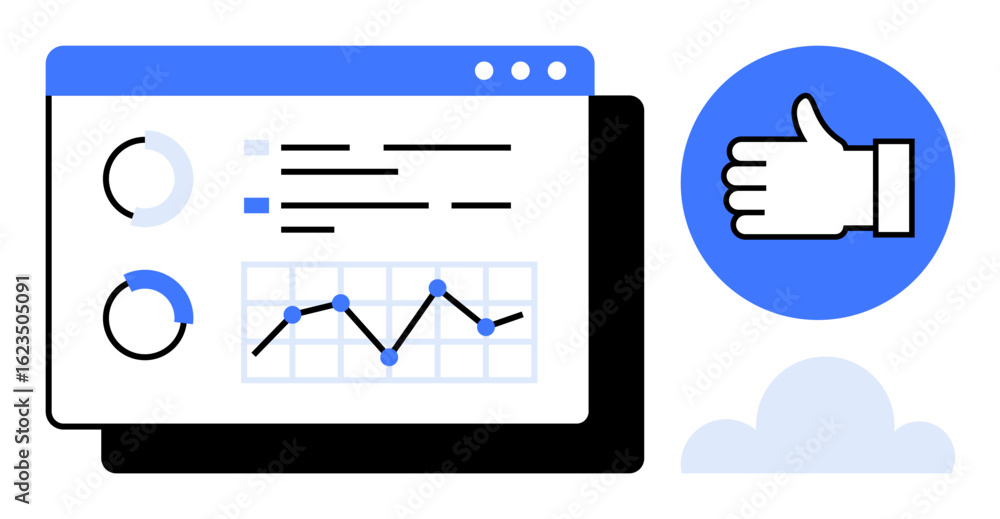 Poster interactive data dashboard featuring graphs, metrics, and approval hand icon. ideal for analytics, e