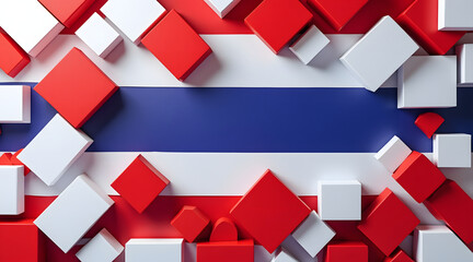 Isometric composition with red, white, and blue blocks forming vibrant flag pattern, creating dynamic and modern visual effect