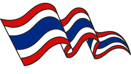 Waving stylized flag with red, white, and blue stripes creating dynamic flowing design full of movement and energy