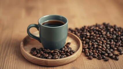 Fototapeta premium Grey Coffee Cup on Wooden Plate with Coffee Beans – Rustic Coffee Still Life