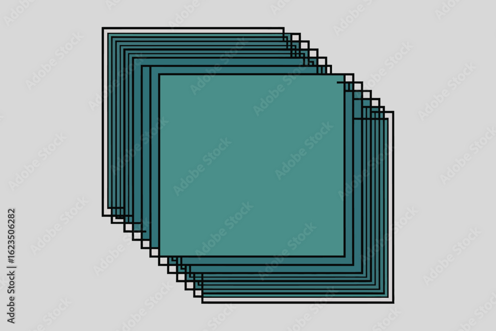 Poster a stack of teal squares with black outlines arranged diagonally on a light gray background creating 