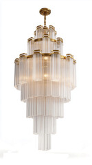 An elegant chandelier with exquisite gold-plated trim and prisms, made in neoclassical style. The lamp seems to float in the air, creating a floating effect. Made from the threshold, the chandelier pr