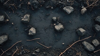 Dark soil with scattered rocks and small twigs.