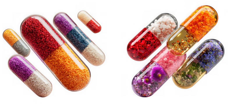 Colorful capsules filled with glitter and flowers offer a unique approach to medication isolated on transparent background