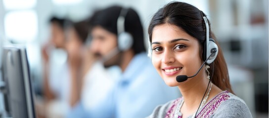 Smiling female call center agent with headset working in multicultural team setting, perfect for customer service, tech support, and global communication concepts