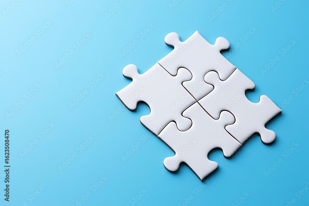 Poster four interlocking white puzzle pieces form a cohesive square against a vibrant solid blue background