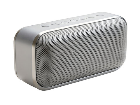 A portable silver bluetooth speaker with a metal grill, isolated on transparent background