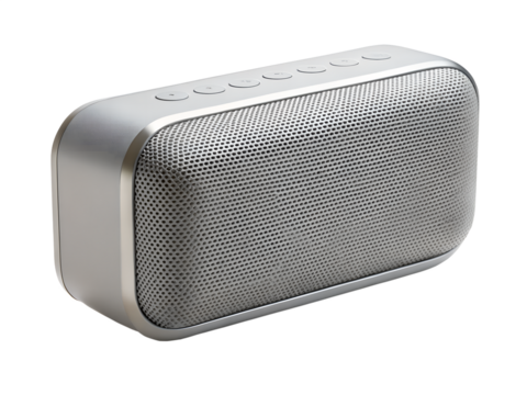 A portable silver bluetooth speaker with a metal grill, isolated on transparent background - Powered by Adobe