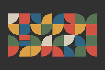 Geometric pattern with squares and semi circles in red yellow green blue and beige on a dark gray background