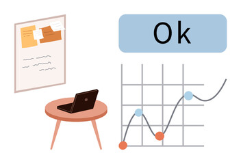 Fototapeta premium Laptop on table, whiteboard with notes, analytics chart showing growth trend, and Ok status marker. Ideal for strategy, task management, business planning, remote work, productivity analysis