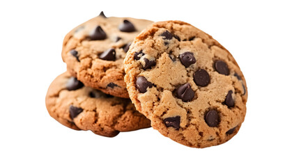 Three chocolate chip cookies stacked on top of each other