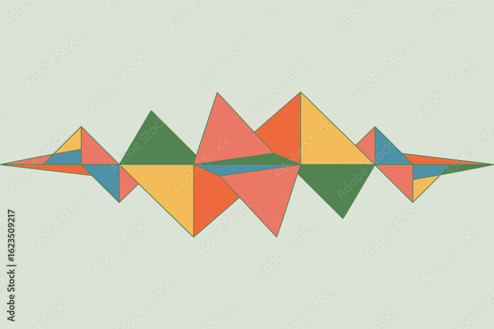 Poster colorful geometric pattern with triangles and squares arranged horizontally on a light green backgro