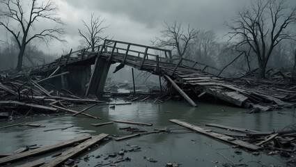 Damaged bridge collapsed into water amidst leafless trees in a dark, stormy landscape.