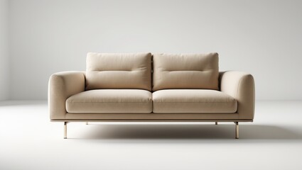 Fototapeta premium A beige sofa with cushions against a plain white background.