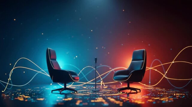 Two modern ergonomic chairs in a futuristic setting illuminated by blue and red lights surrounded by abstract sound waves and digital patterns suggesting a theme of innovation and technology