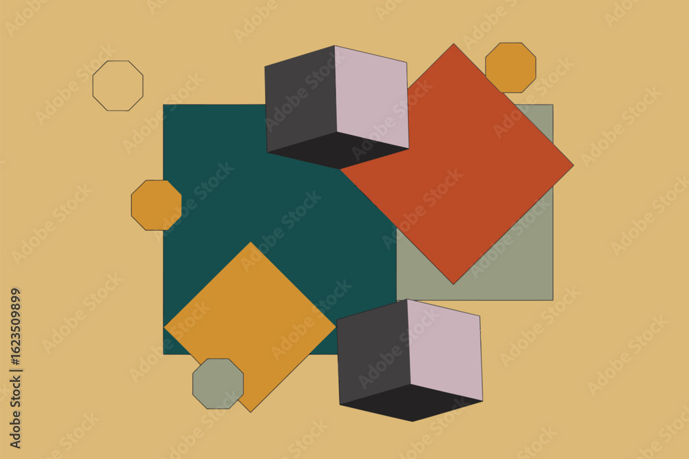 Poster an abstract composition featuring cubes squares and octagons in various colors on a beige background