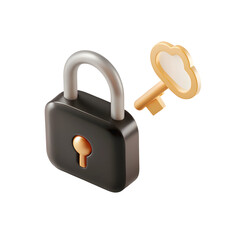 Black padlock gold key isolated on a transparent background