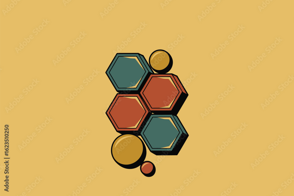 Aufkleber a retro style illustration featuring stacked hexagons and circles on a light yellow background color