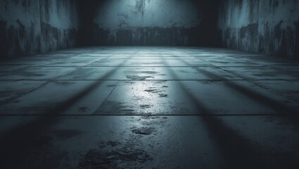 An empty, dimly lit industrial or warehouse-like space with a polished concrete floor.