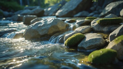 Fototapeta premium Rocks and moss in flowing water, nature scenery.