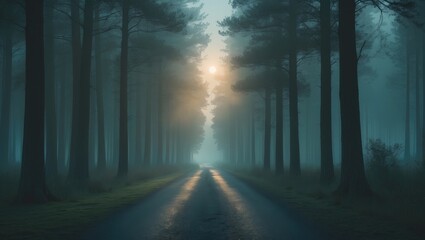 Fototapeta premium Dark forest road at sunrise with tall trees and fog. Nature scene. Tranquil and mysterious atmosphere.