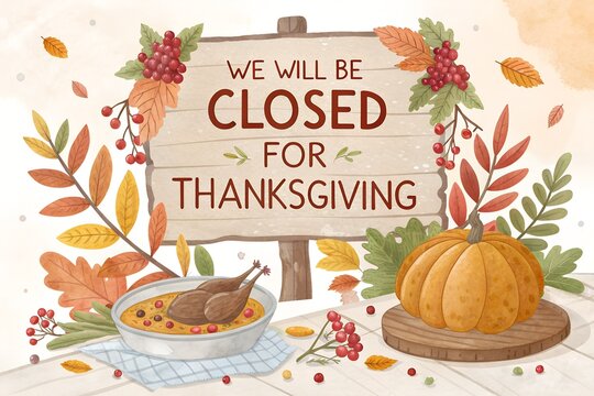 Watercolor illustration of a thanksgiving holiday sign announcing closure, surrounded by autumn leaves, berries, a bowl of turkey, and a pumpkin