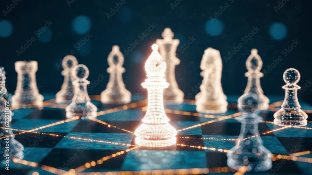 Poster a close-up view of a glowing chess piece positioned prominently on a digital chessboard surrounded b