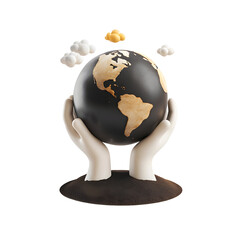 Hands holding dark earth with gold continents isolated on a transparent background