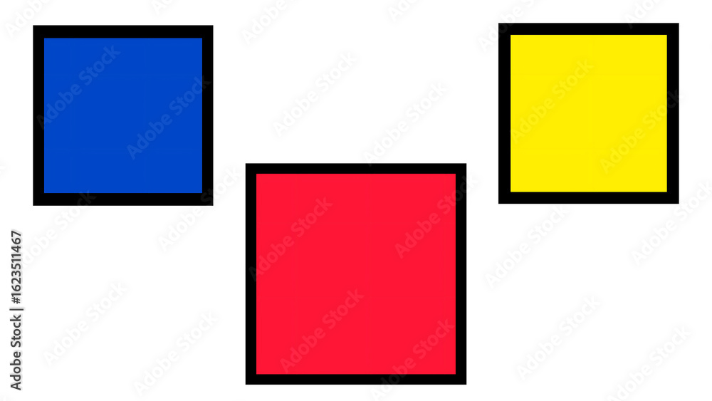 Poster a simple arrangement of blue red and yellow squares on a transparent background in a minimalist desi
