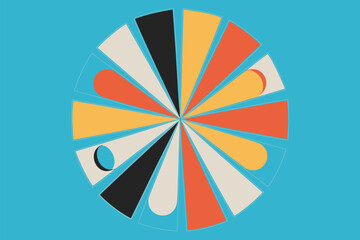 A circular pattern with alternating colored wedges on a light blue background with some circular cutouts