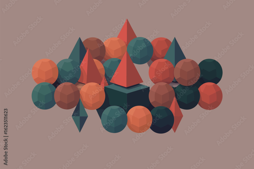 Aufkleber a low poly rendering of geometric shapes including spheres pyramids cubes and diamonds on a plain ba