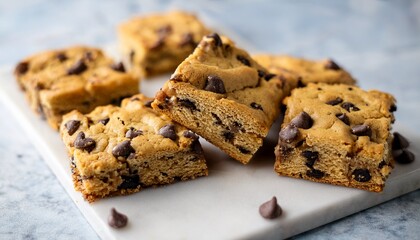 close up of chocolate chip cookie bars on a white marble serving platter